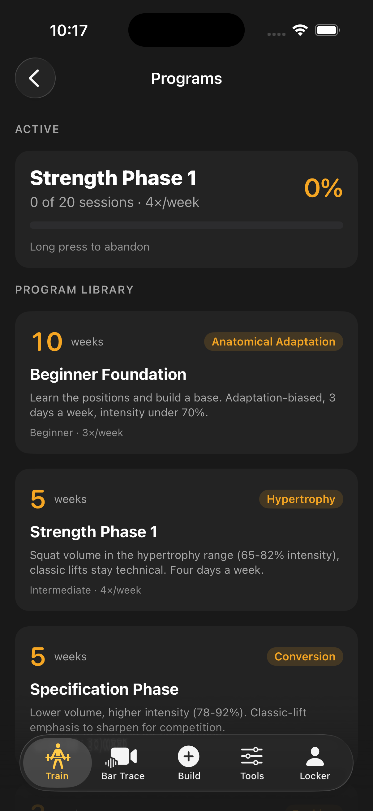 Programs list: five periodized cycles