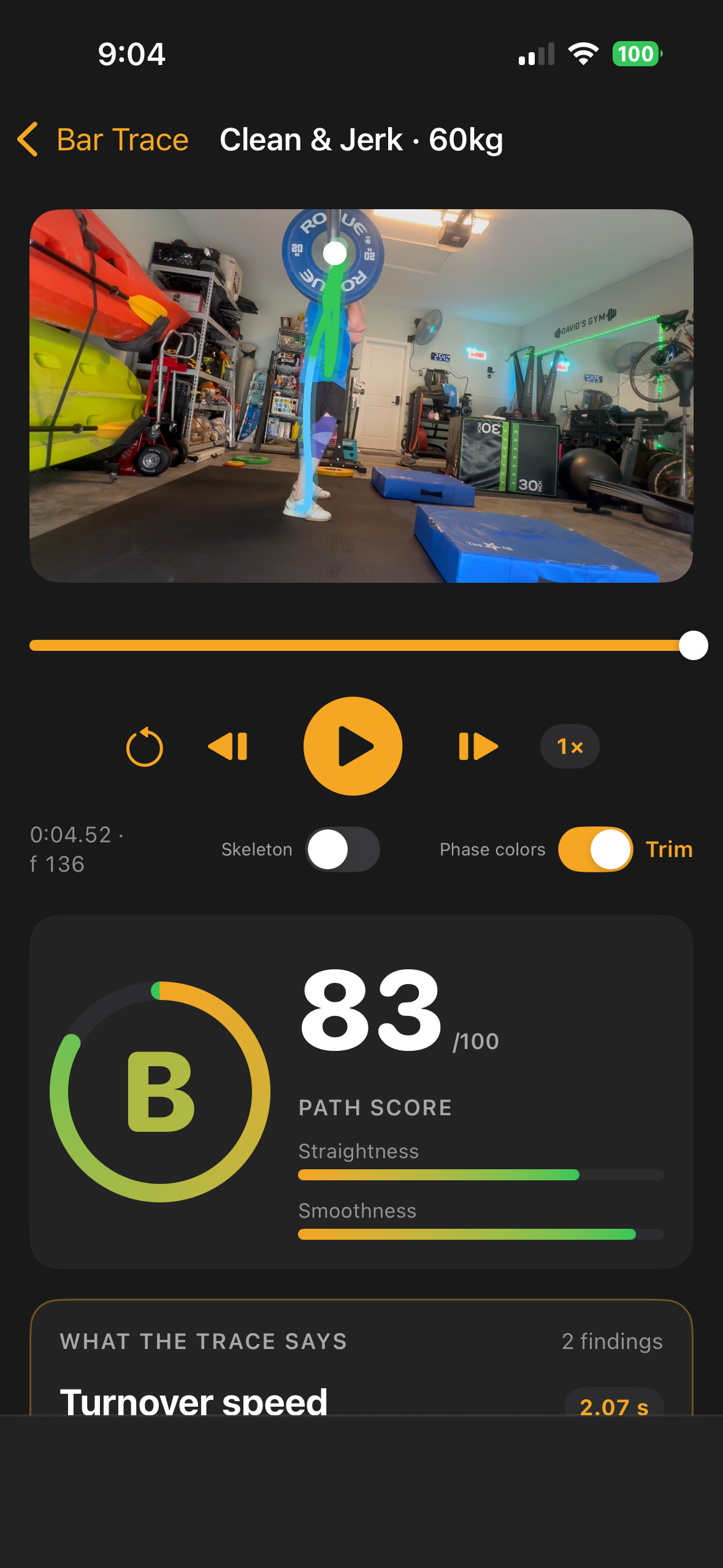 Bar Trace: skeleton overlay, bar path and phase split on a snatch turnover