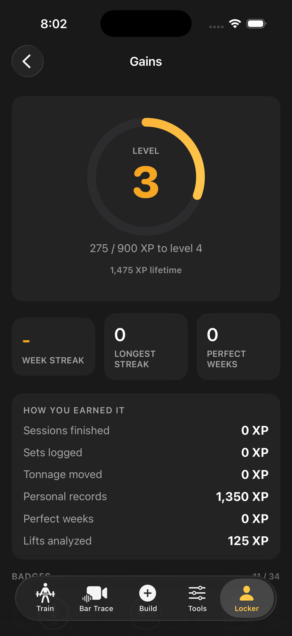 Level ring and streak, computed from real training