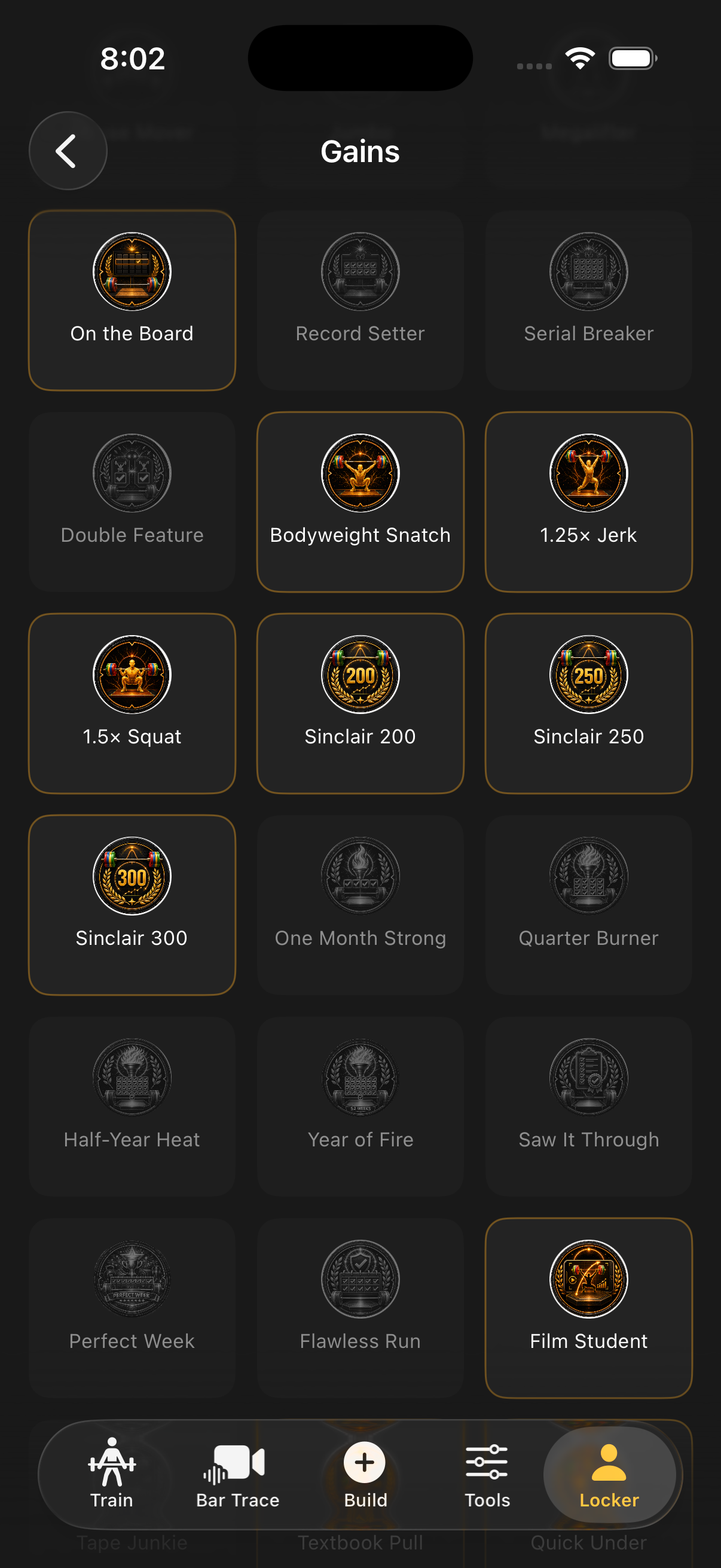 Badge grid: unlocked in full color, locked desaturated
