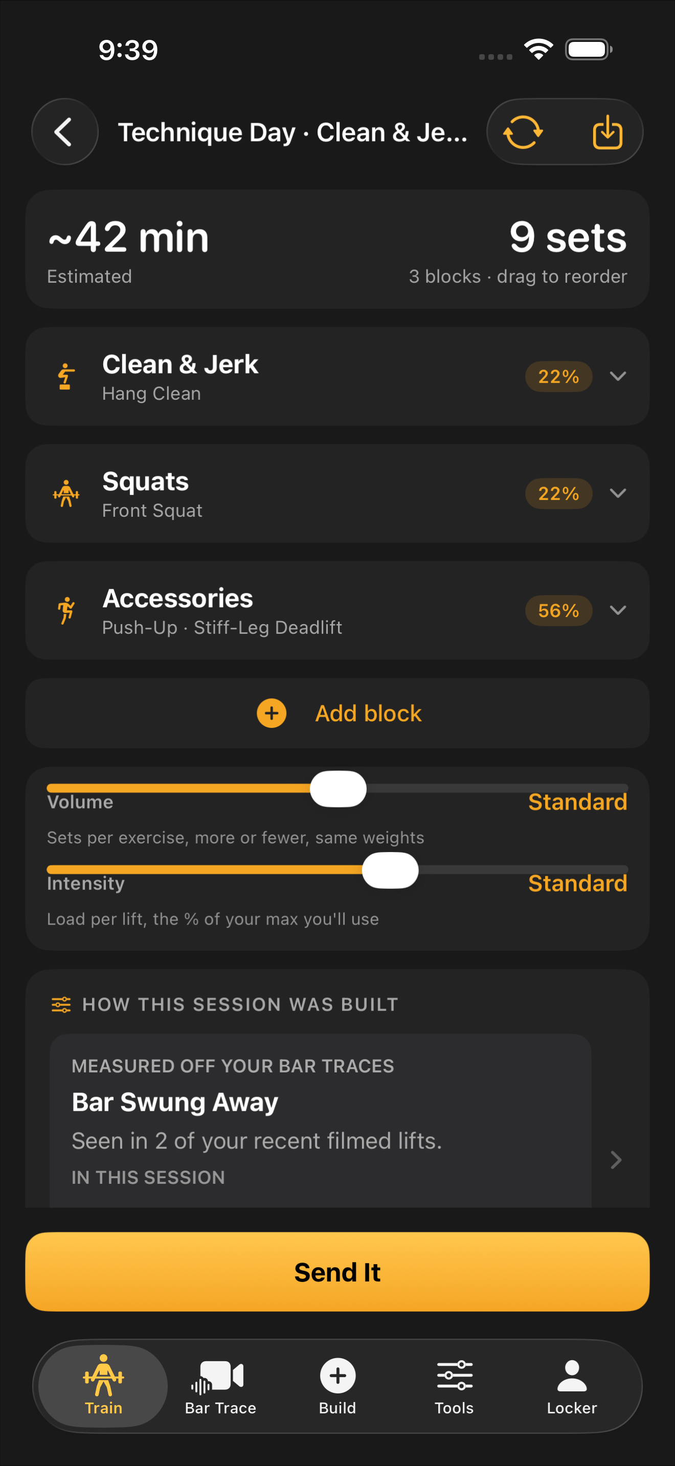 A custom workout put together: three blocks, set counts, and volume and intensity dialed in