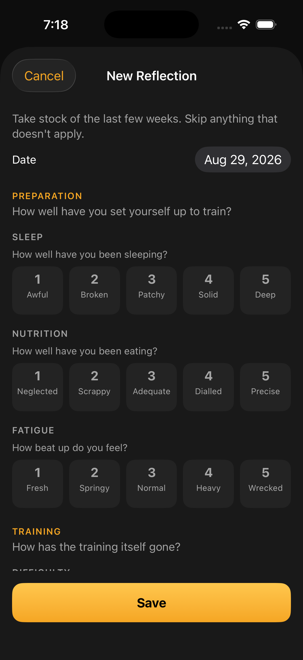 Writing a reflection: sleep, nutrition, and fatigue rated in a few taps