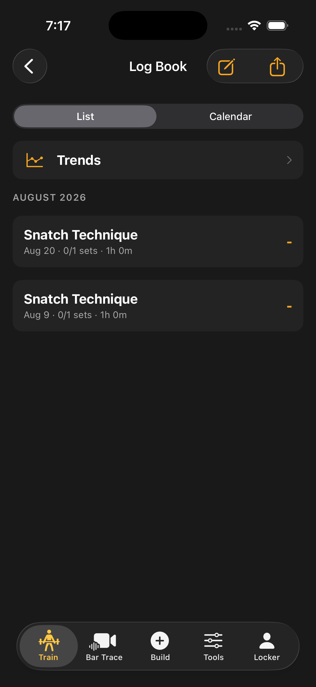 Log Book: sessions and a written reflection on one timeline, grouped by month