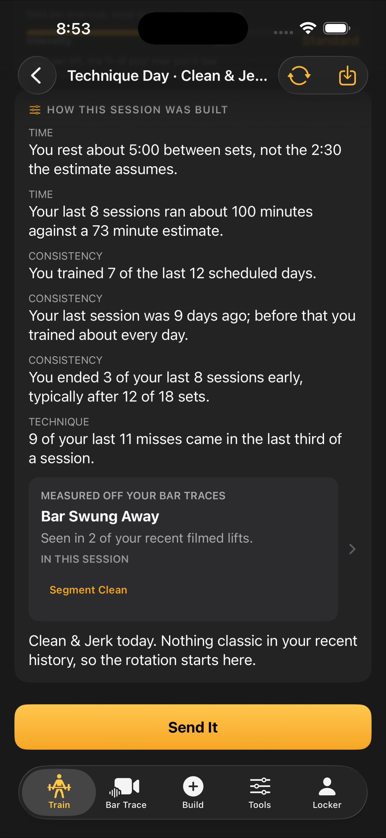 How this session was built: effort, pacing, fatigue, and technique summarized from your training log